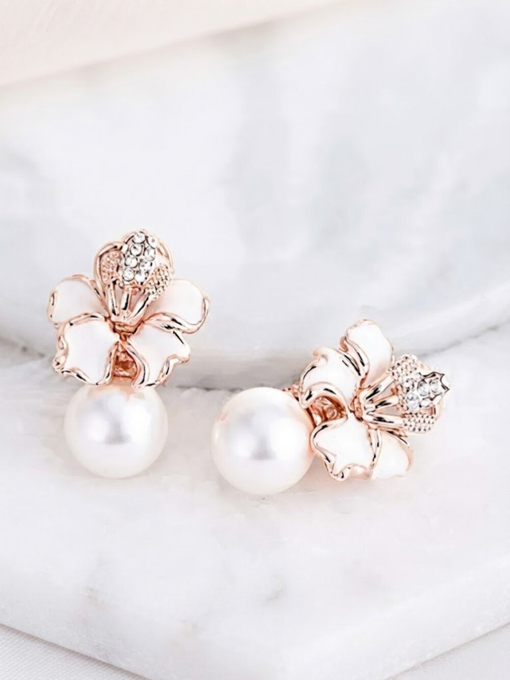 White Flower Pearl Earrings